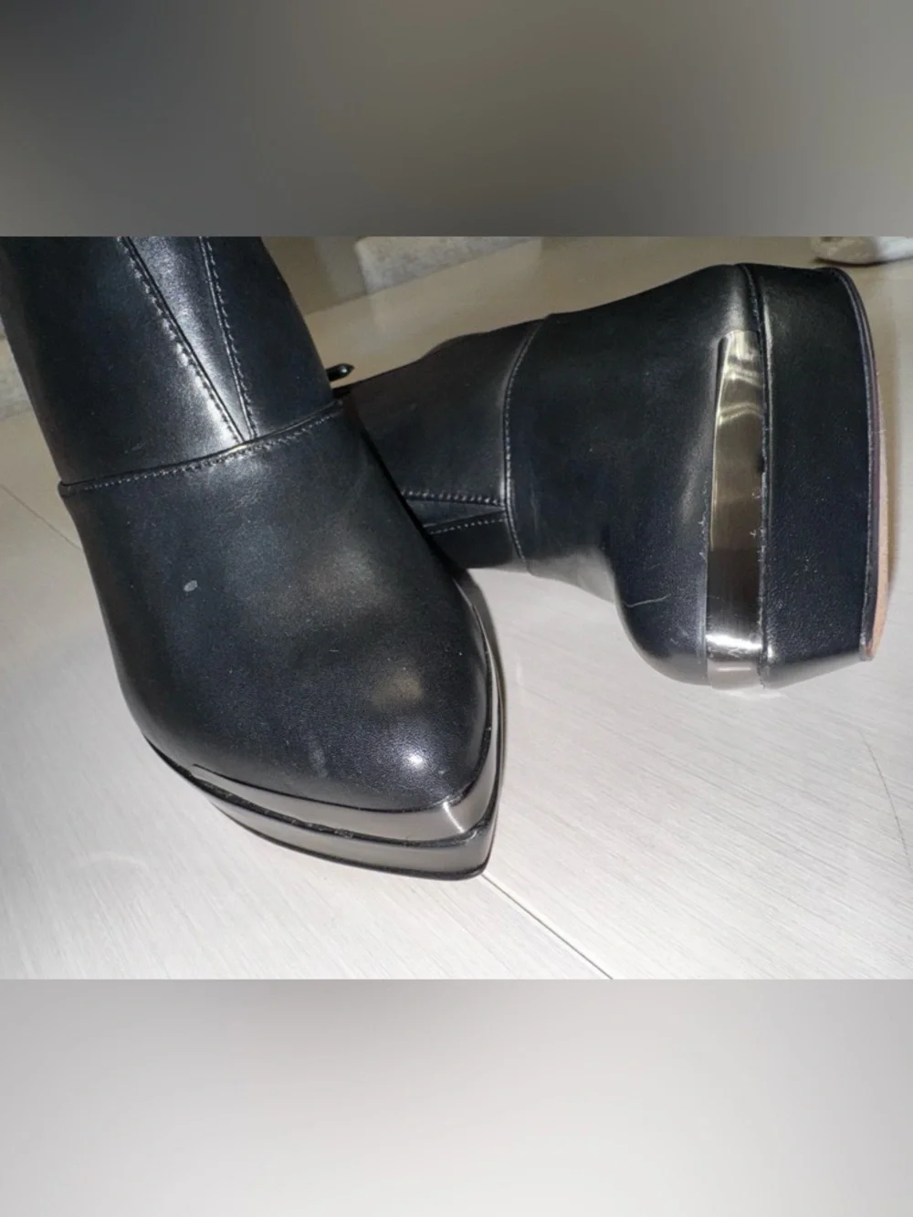 Hervé Léger Platform Ankle Boots Black Leather Metal Toe Heel 8.5 NWOT - Picture 10 of 10